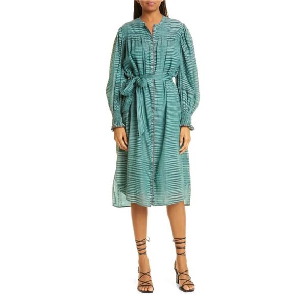 Ulla Johnson Teal Fiora Piplin Cotton Striped Long Sleeve Midi Dress 8 - Picture 13 of 13